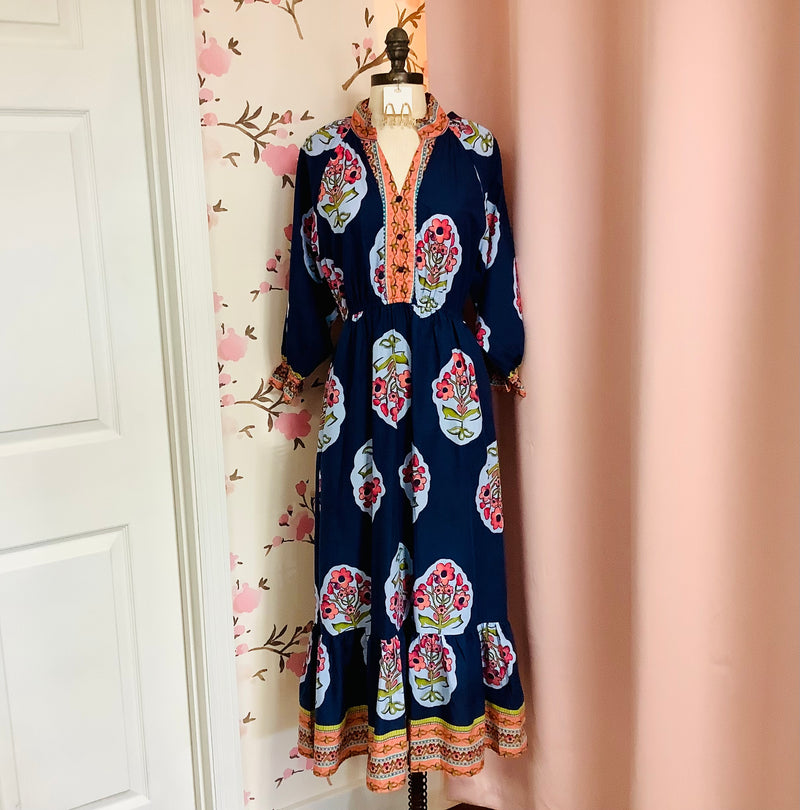 Flower Patch Boarder Print V-Neck Midi Dress