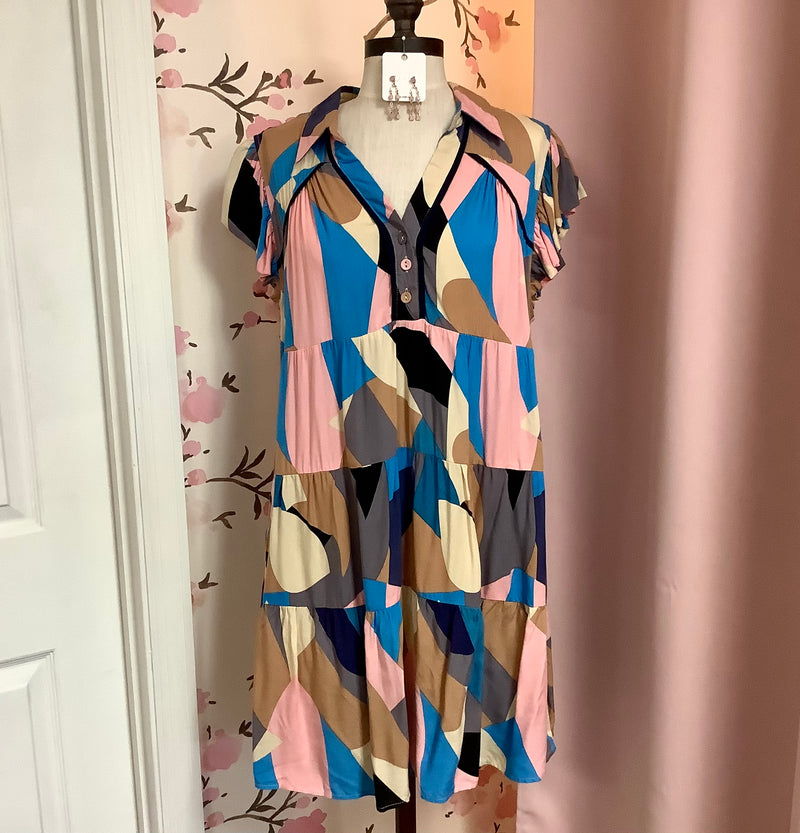 Multi Color Abstract Ruffle Tiered Dress