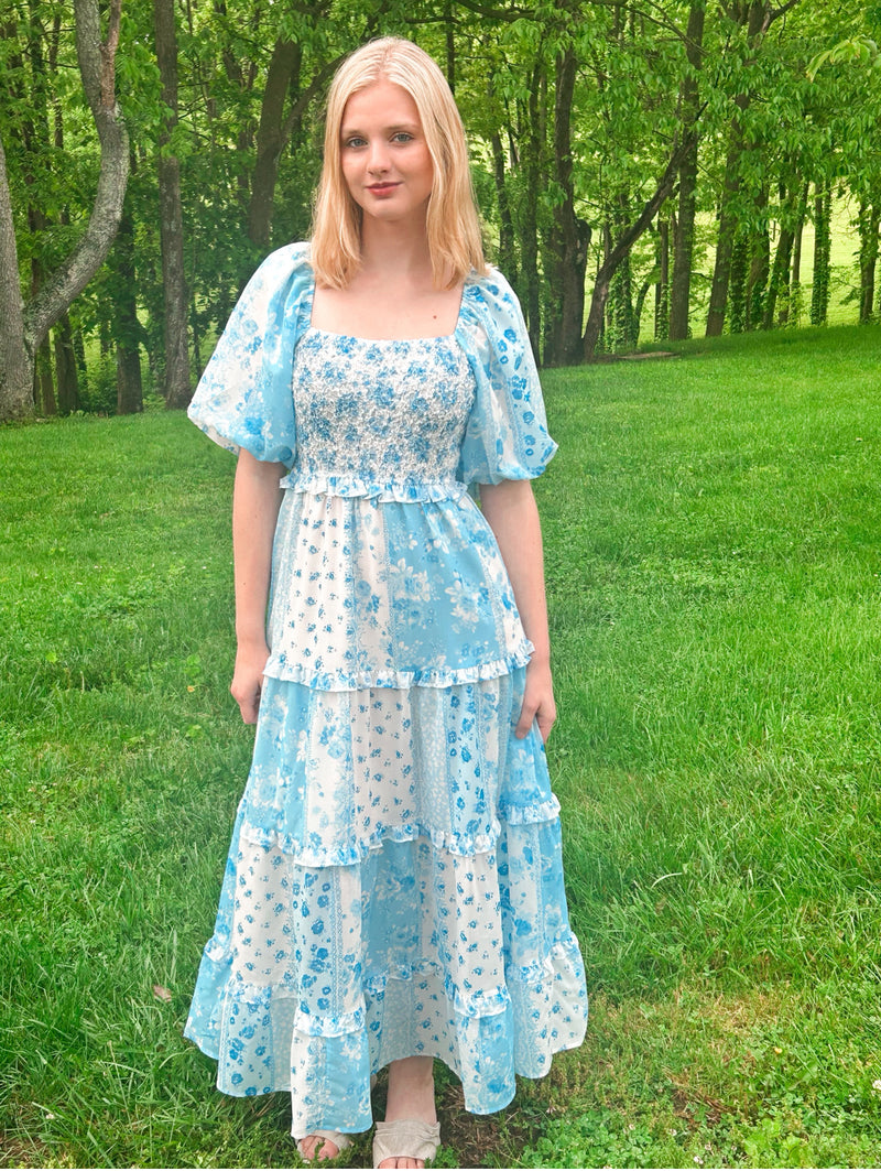 Blue Floral Patchwork Maxi Dress