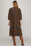 3/4 SLEEVE FLORAL WOVEN PRINT MIDI DRESS WITH CONTRAST BINDING DETAIL WITH POCKETS!