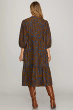 3/4 SLEEVE FLORAL WOVEN PRINT MIDI DRESS WITH CONTRAST BINDING DETAIL WITH POCKETS!