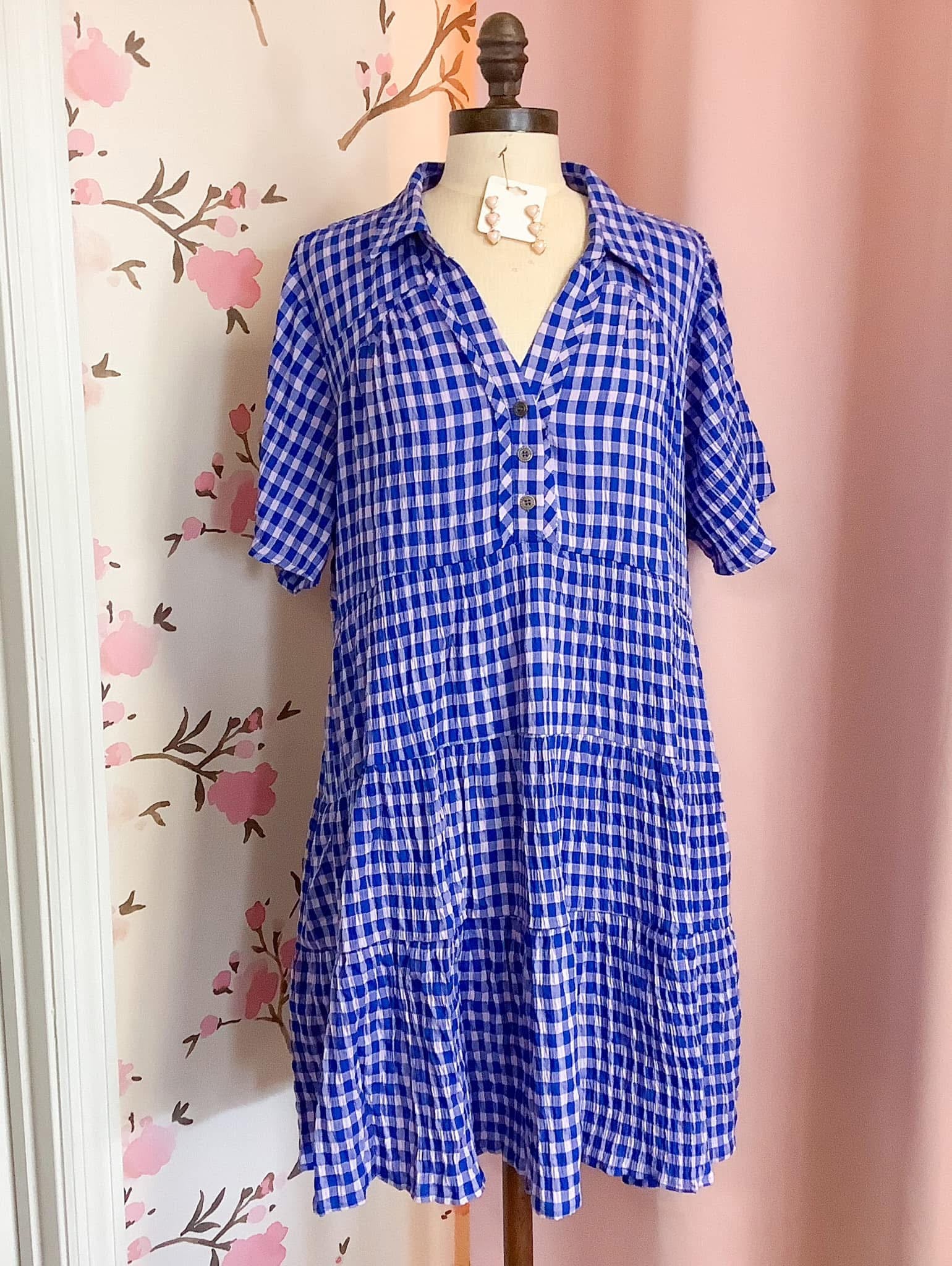 Cobalt Blue Gingham Tiered Collared Button Short Sleeve Dress With But Montgomery Miss Cobalt Blue Gingham Tiered Collared Button Short Sleeve Dress With But Montgomery Miss