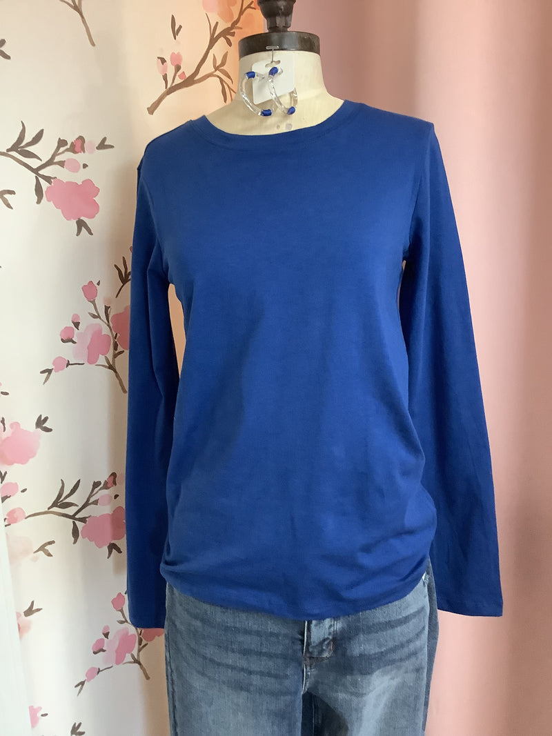 Light Navy Cotton Crew Neck Long Sleeve T-Shirt