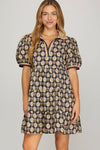 Puff Sleeve Printed Woven Tiered Dress With Rib Band Collar and Pockets