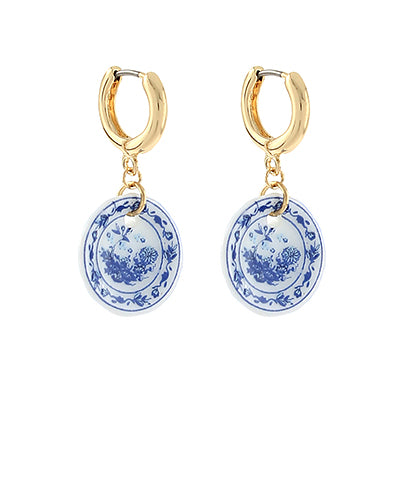 Blue Printed Plate Charm Earrings