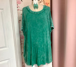 Kelly Green Acid Washed Ribbed Short sleeve Boat-Neck Top Curvy Plus