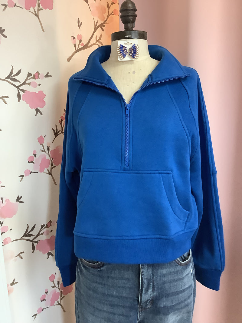 Classic Blue Fleece Half Zip Kangaroo Pocket Sweatshirt