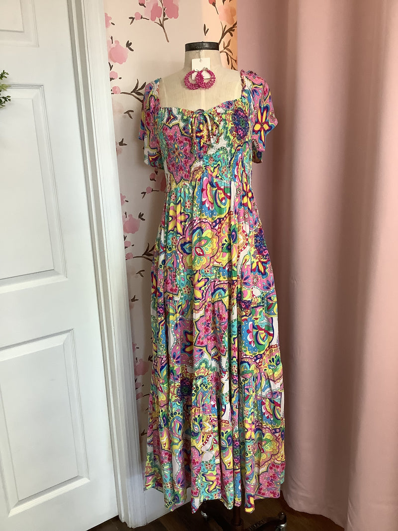 Turquoise and Pink Printed Gauze Maxi Tiered Dress