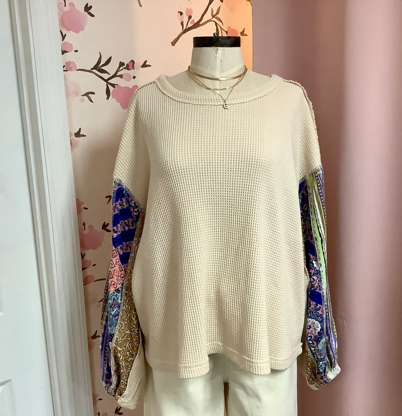 Ivory Mix Print Washed Thermal Pullover