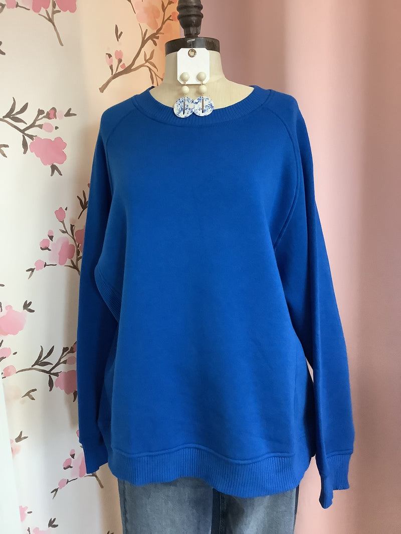 Classic Blue Plus Fleece Round Neck Ribbed Side Raglan Sweatshirt Curvy