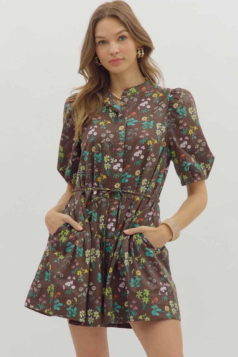 FLORAL PRINT SHORT BUBBLE SLEEVE DRESS