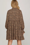 LONG SLEEVE WOVEN LEOPARD PRINT TIERED DRESS WITH POCKETS