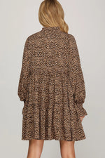 LONG SLEEVE WOVEN LEOPARD PRINT TIERED DRESS WITH POCKETS