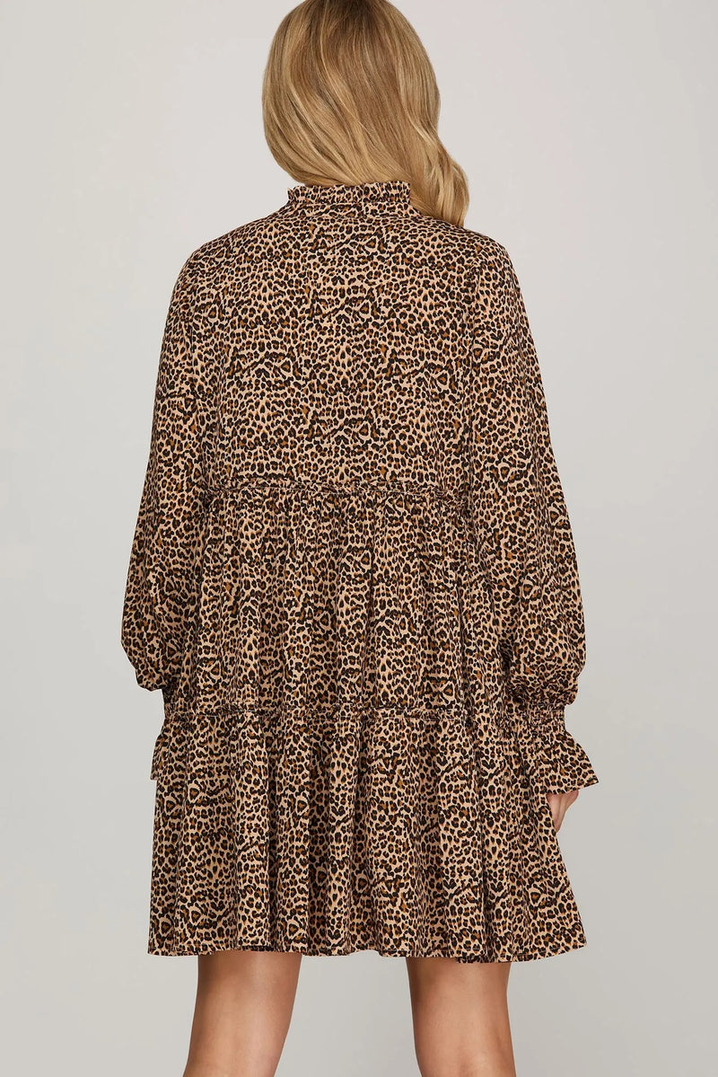 LONG SLEEVE WOVEN LEOPARD PRINT TIERED DRESS WITH POCKETS