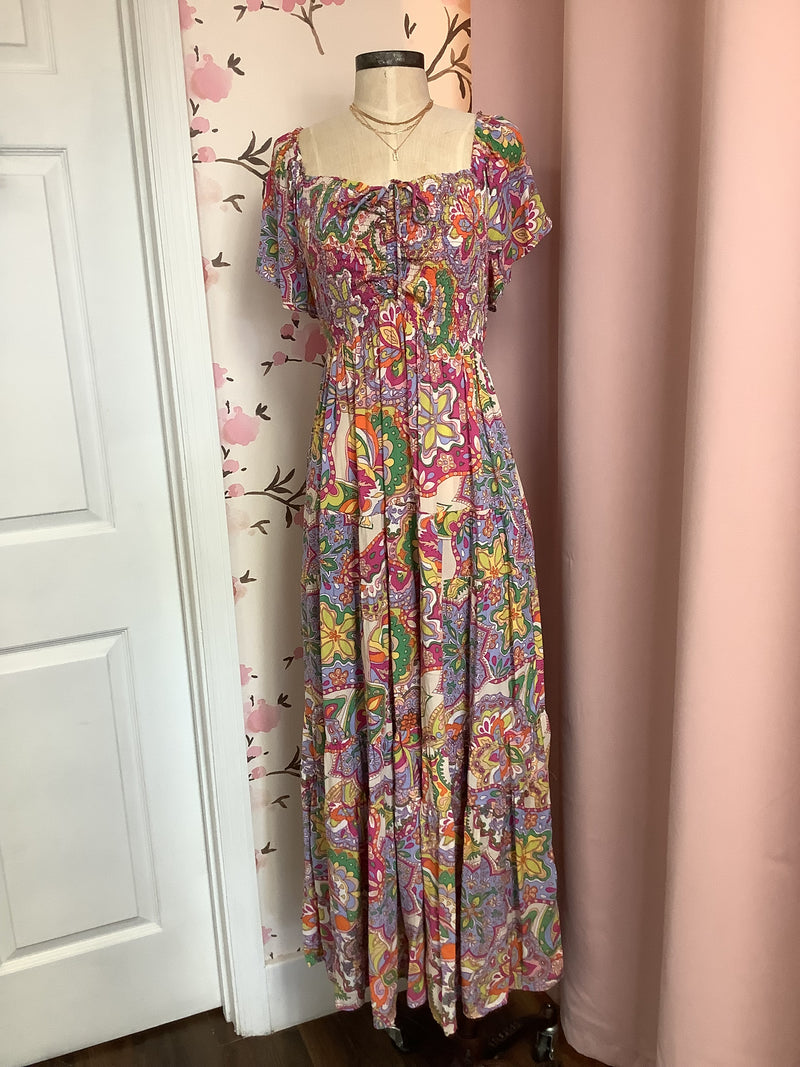 Grape Mist Printed Gauze Maxi Tiered Dress