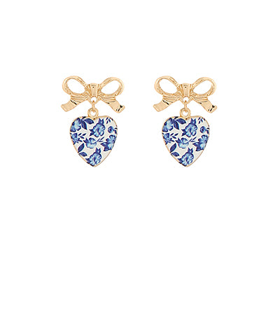 Blue Enamel Heart and Bow Earrings