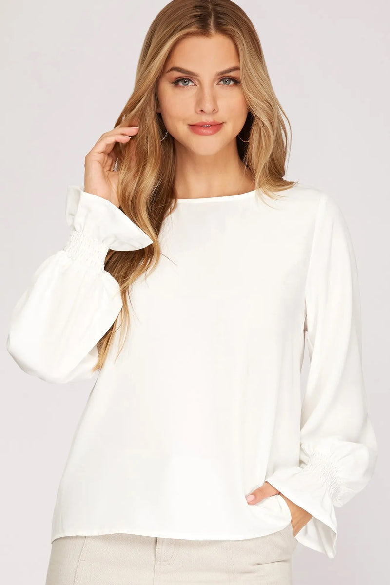 SMOCKED LONG BUBBLE SLEEVE WOVEN TOP