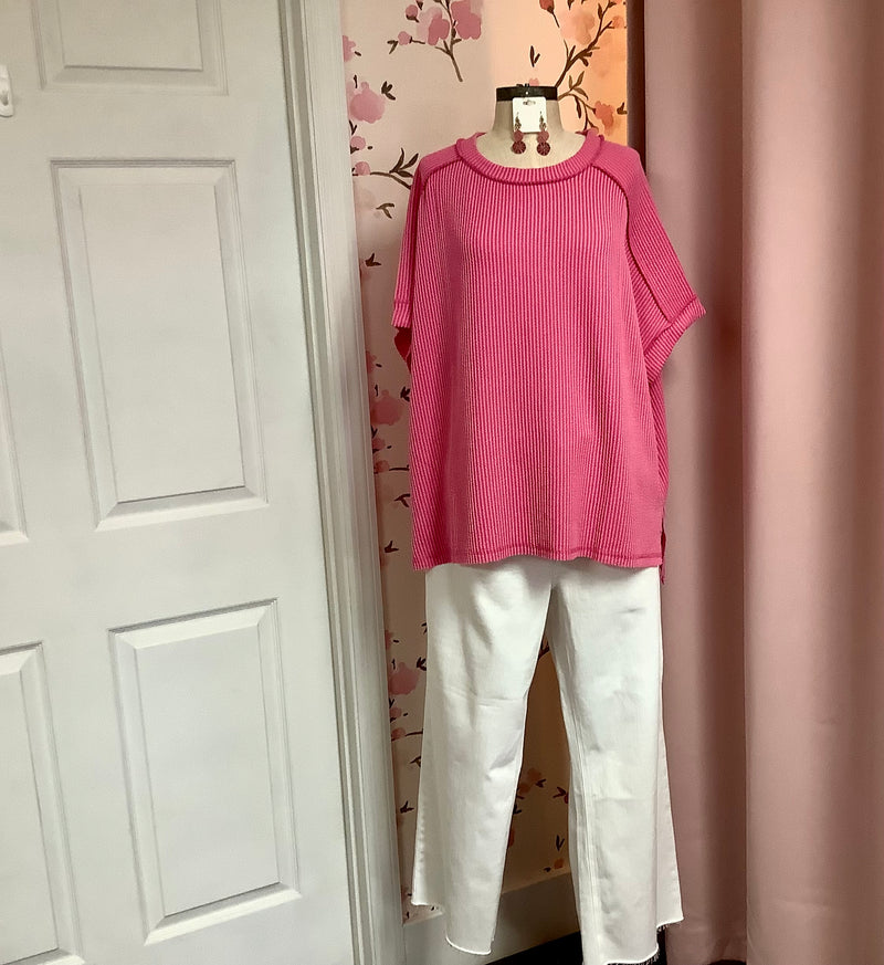 Fuchsia Rib Cuff Sleeve Top Curvy Plus