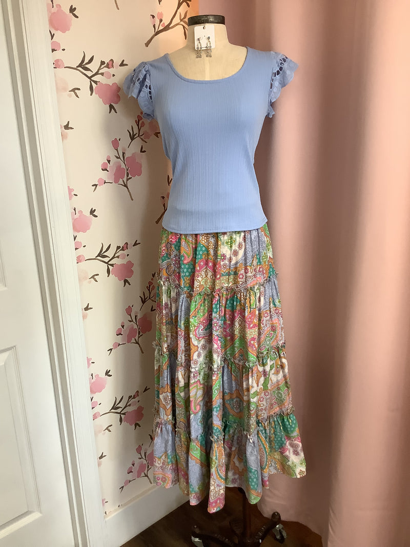 Vintage Lime Printed Peach Blossom Tiered Skirt