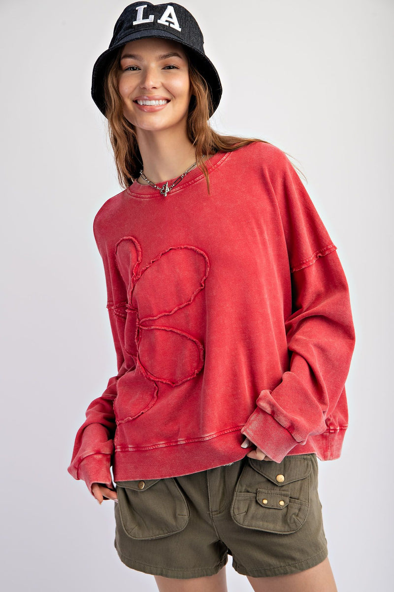 Red Flower Patch Washed Terry Knit Pullover